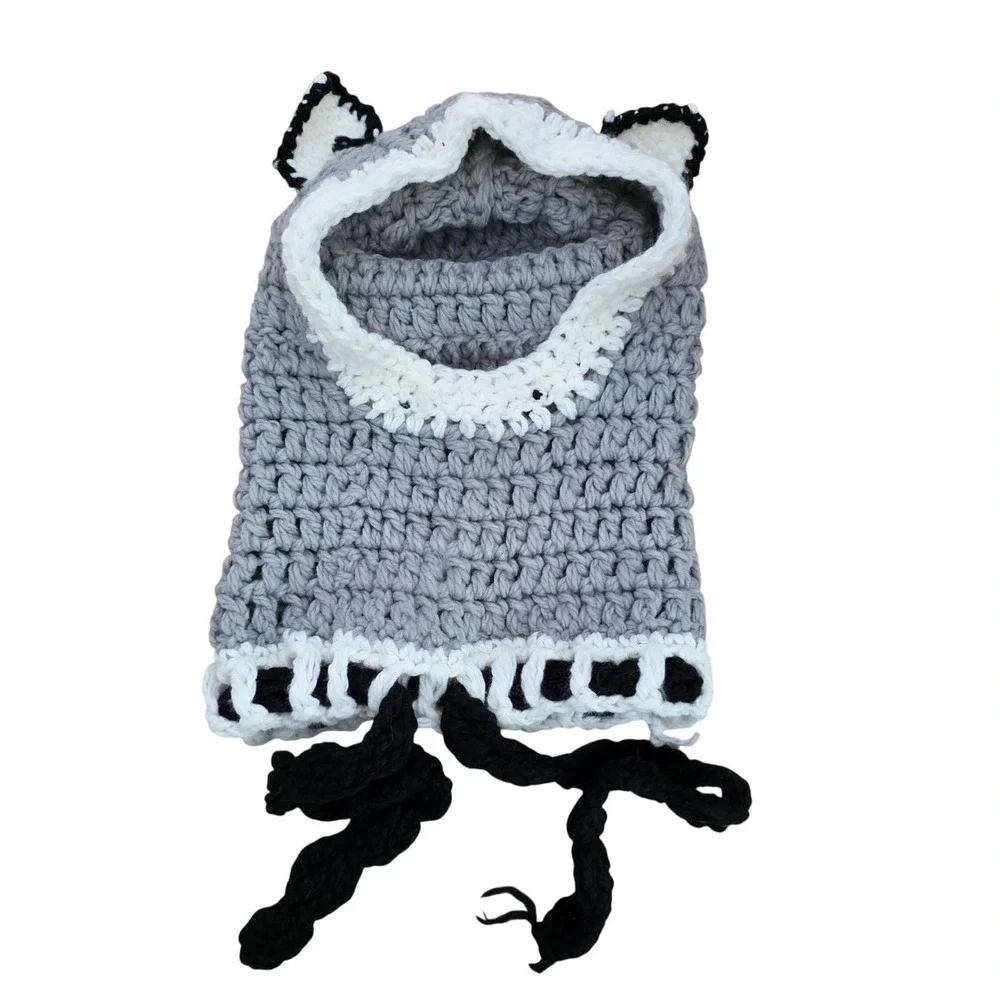 Handmade Crochet Animal Ear Balaclava Hood Grey White Black Kid Winter Hat Snood